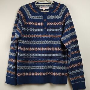 Lucky Brand Lambswool Striped Fair Isle Henley Sweater Unisex Size L